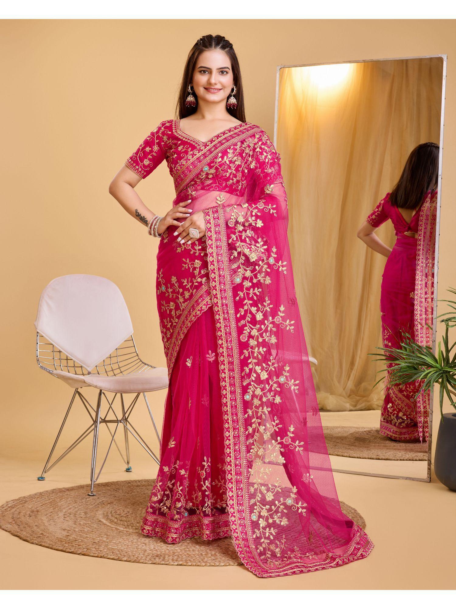 magenta soft net embroidery saree with unstitched blouse