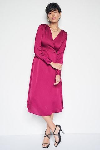 magenta solid calf-length party women regular fit dress