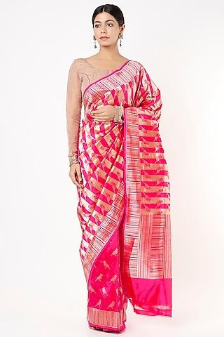 magenta striped saree set