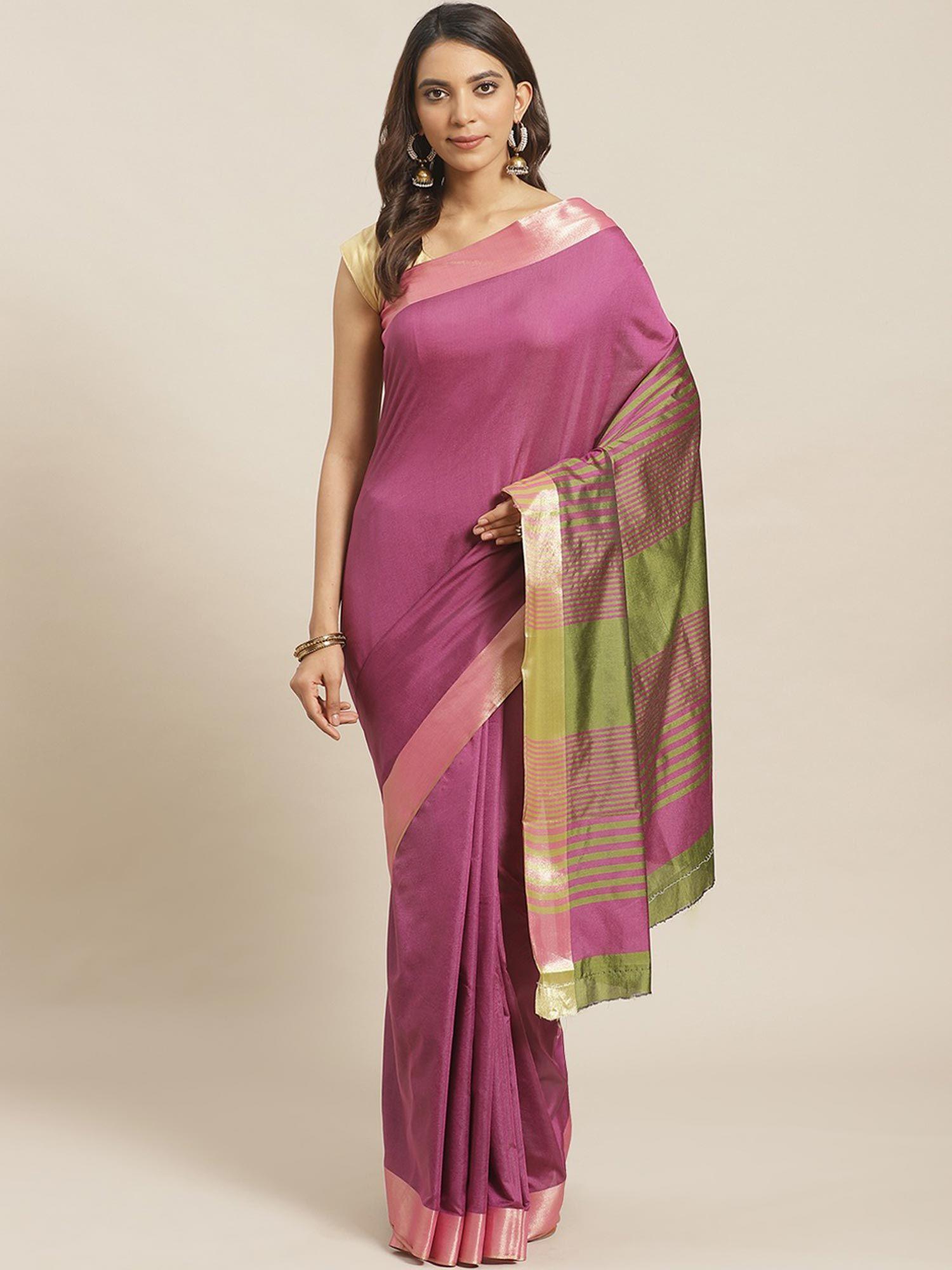 magenta stripes saree with unstitched blouse