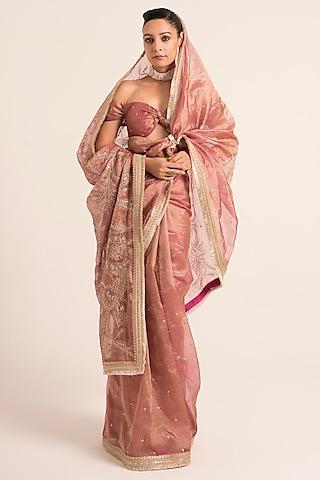 magenta tissue hand embroidered saree set