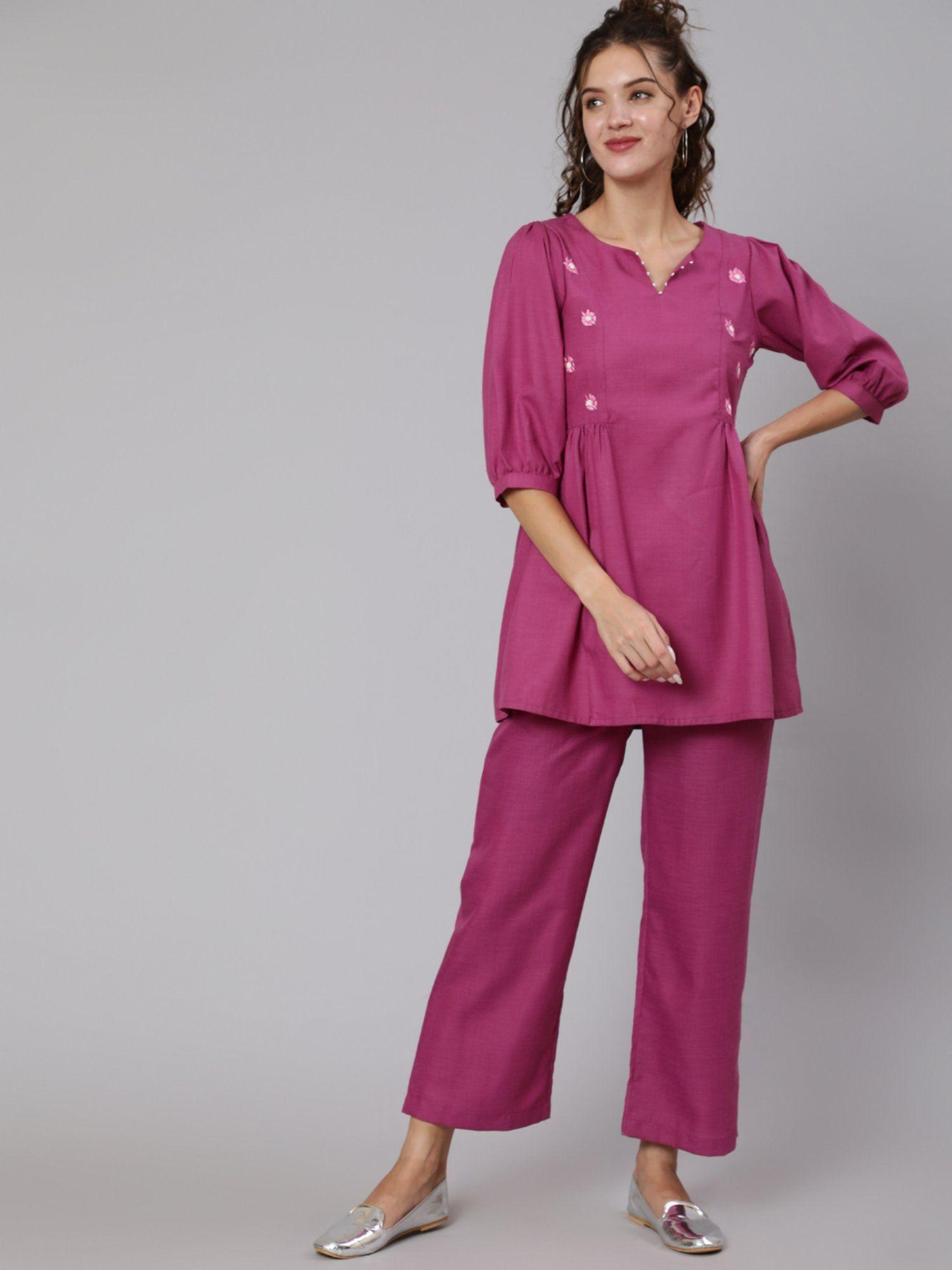 magenta viscose rayon embroidered co-ord has top and palazzo (set of 2)