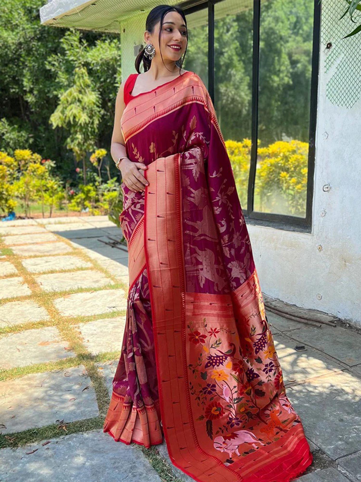 magenta wine pathani silk pichai woven saree with unstitched blouse