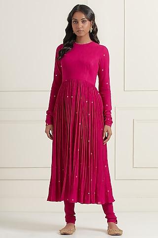 magenta wrinkle cotton hand embroidered anarkali set