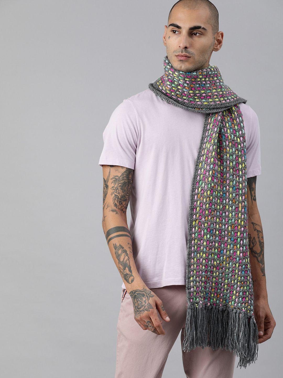 magic needles unisex multi-coloured self design scarf with tassels