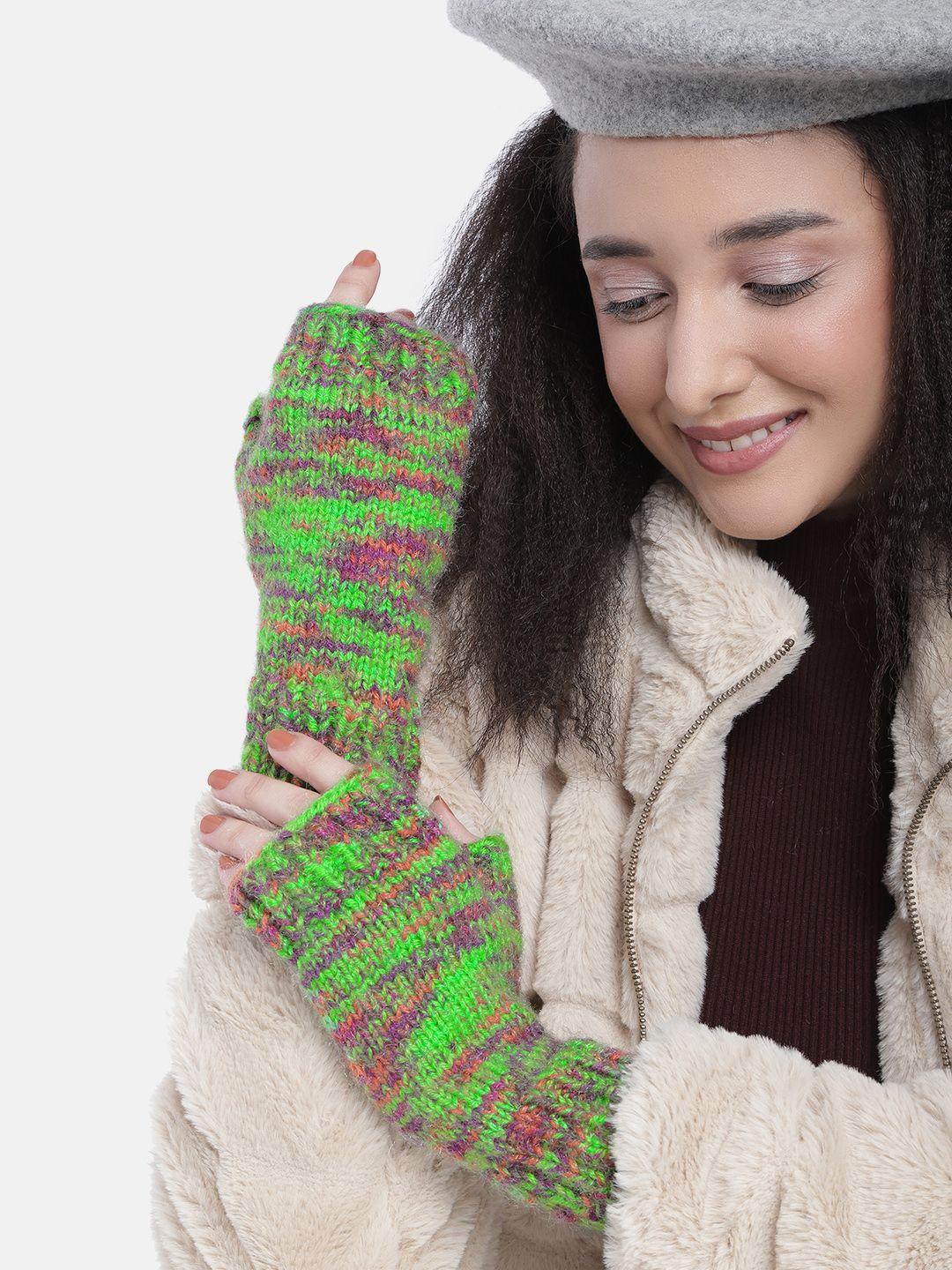 magic needles unisex green & pink woven design acrylic gloves