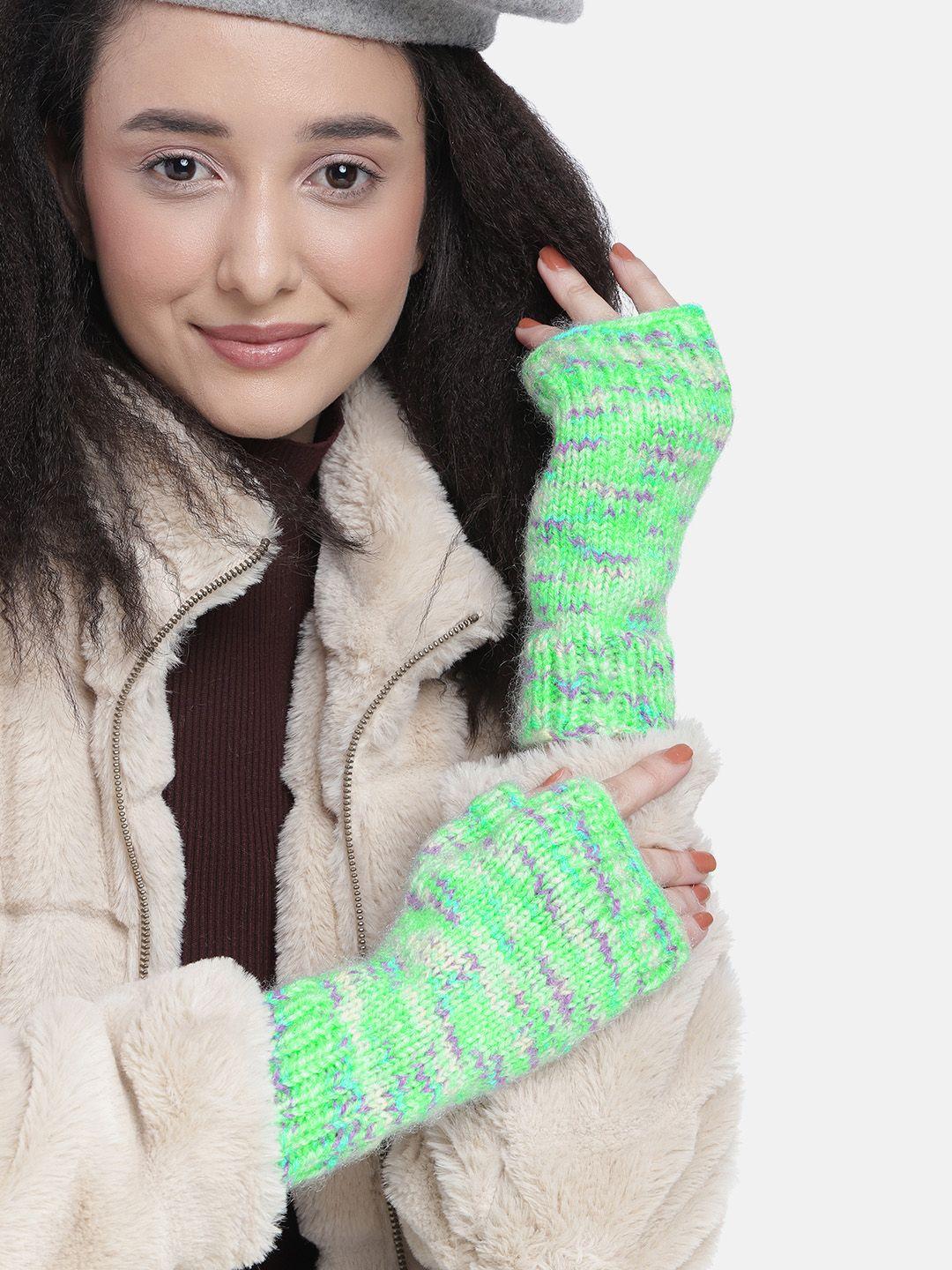 magic needles unisex green & purple woven design acrylic gloves