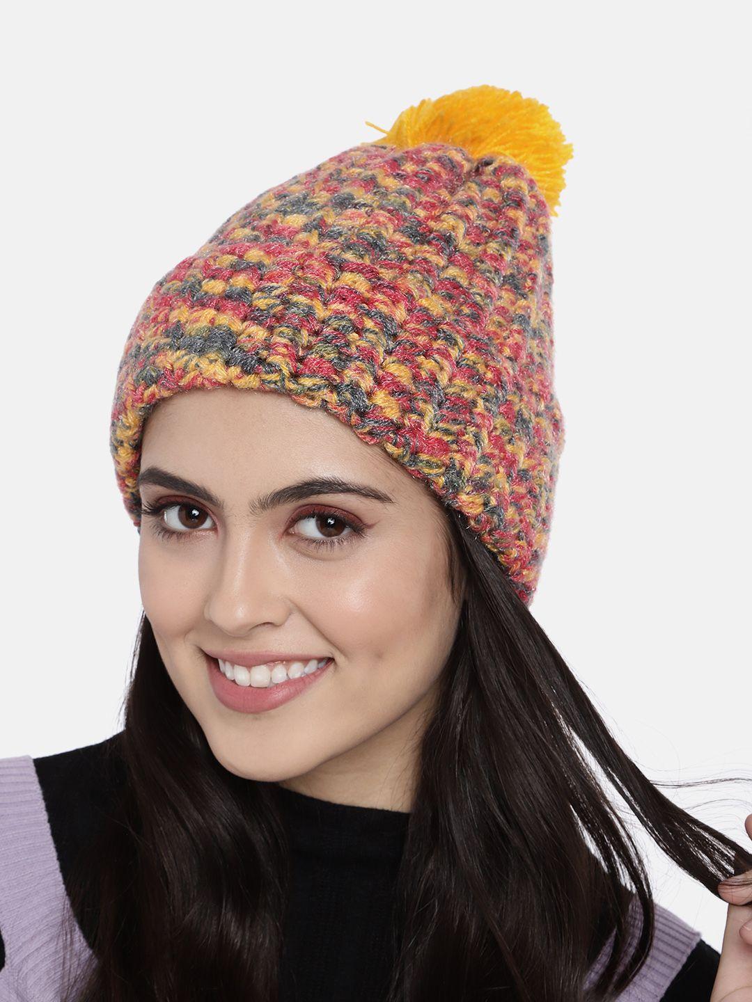 magic needles unisex mustard yellow & red handmade beanie with pompom detail