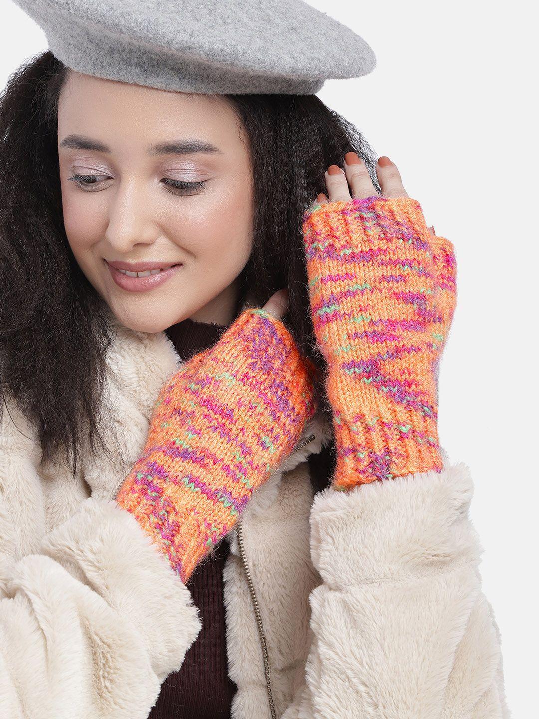 magic needles unisex orange & purple woven design acrylic gloves