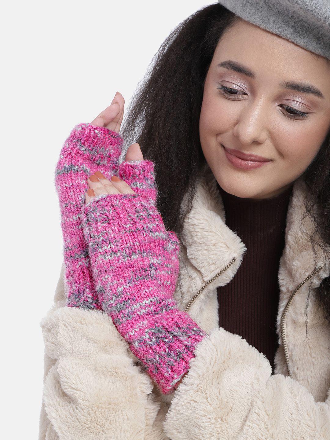 magic needles unisex pink & black woven design acrylic gloves