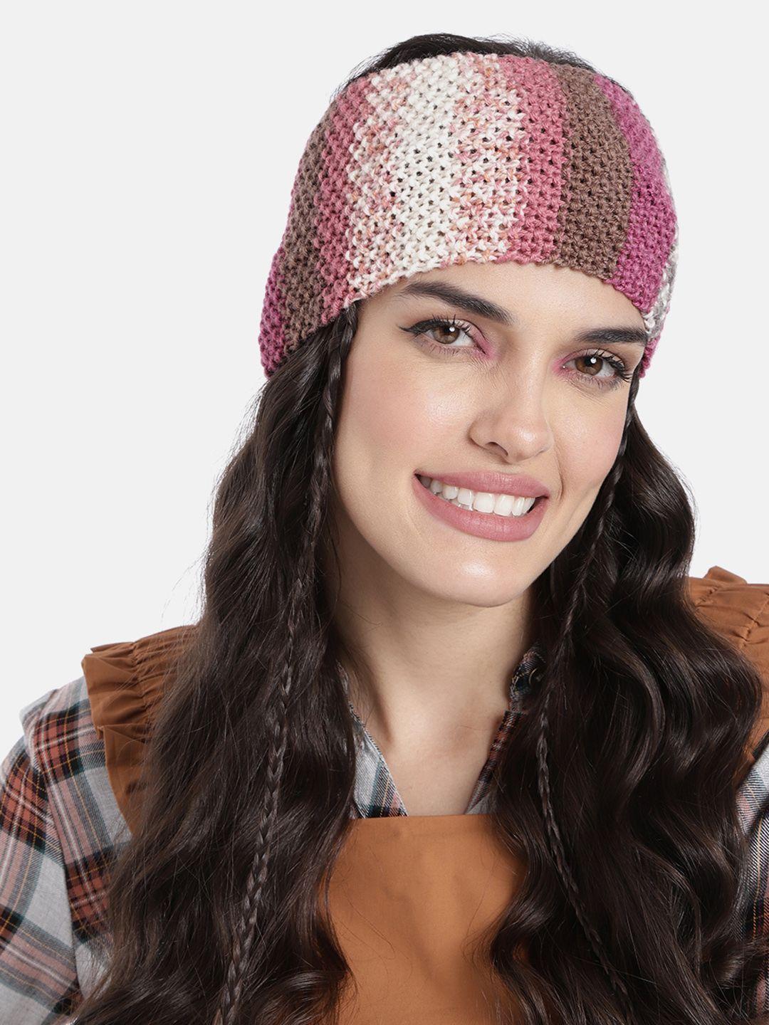 magic needles unisex pink & off-white handmade woollen headband