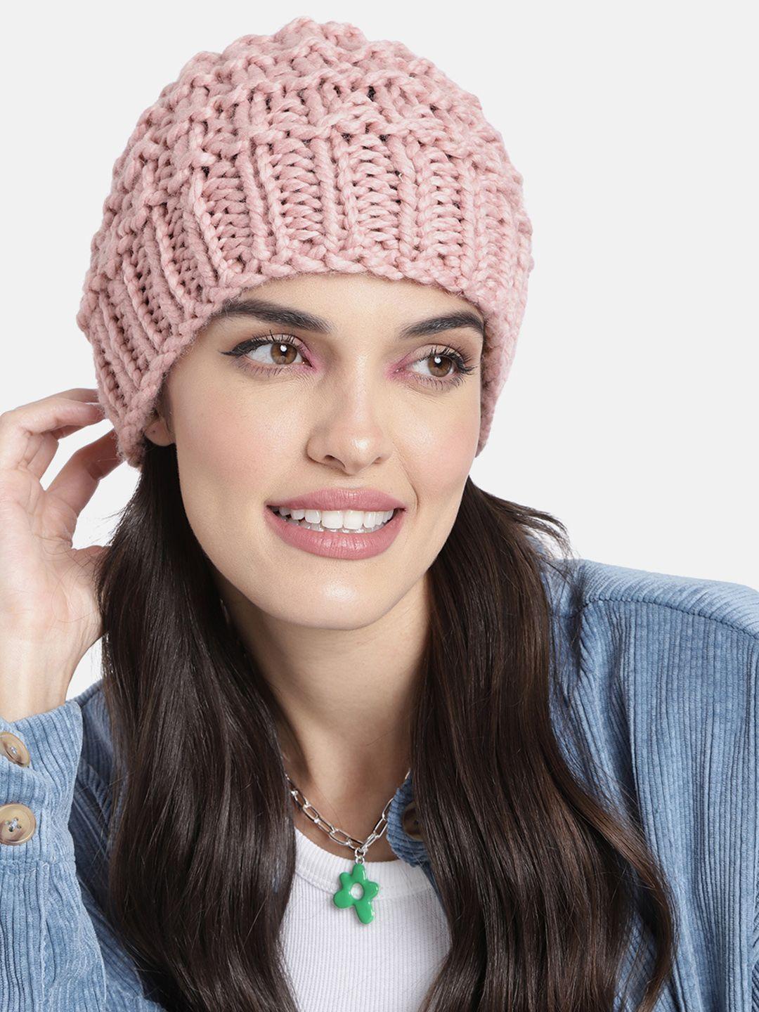 magic needles unisex pink hand knitted self design beanie