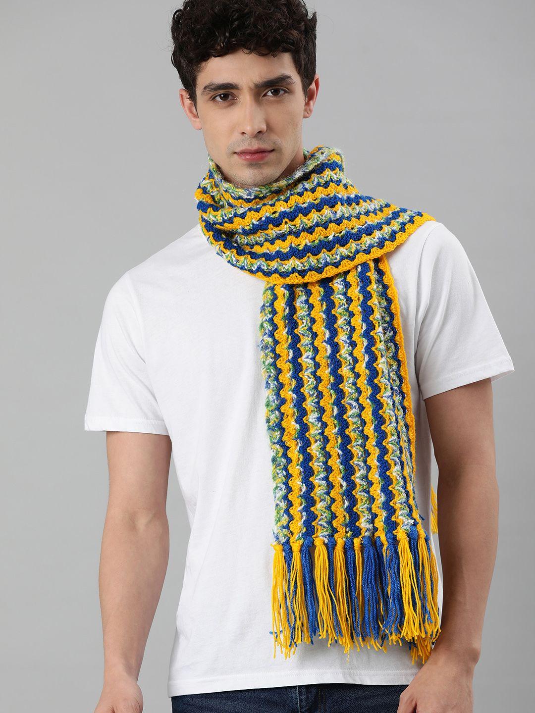magic needles unisex yellow & blue  self-design scarf with tassels