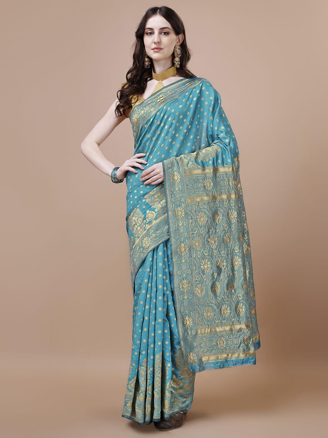 magmina blue & gold-toned woven design zari silk cotton banarasi saree