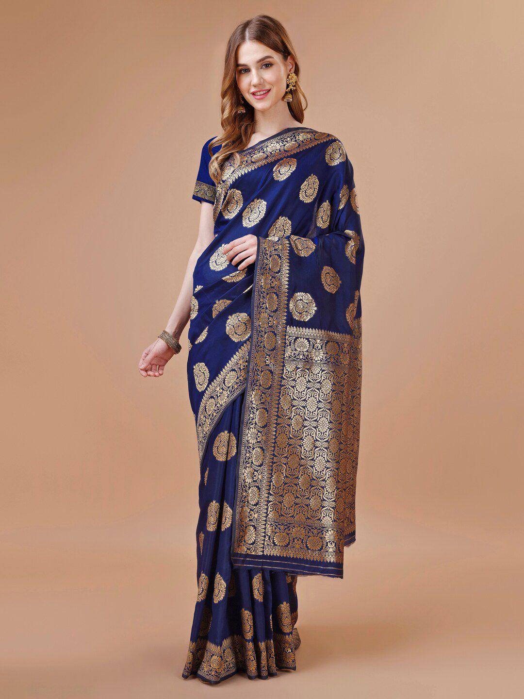 magmina navy blue & gold-toned woven design zari art silk banarasi saree