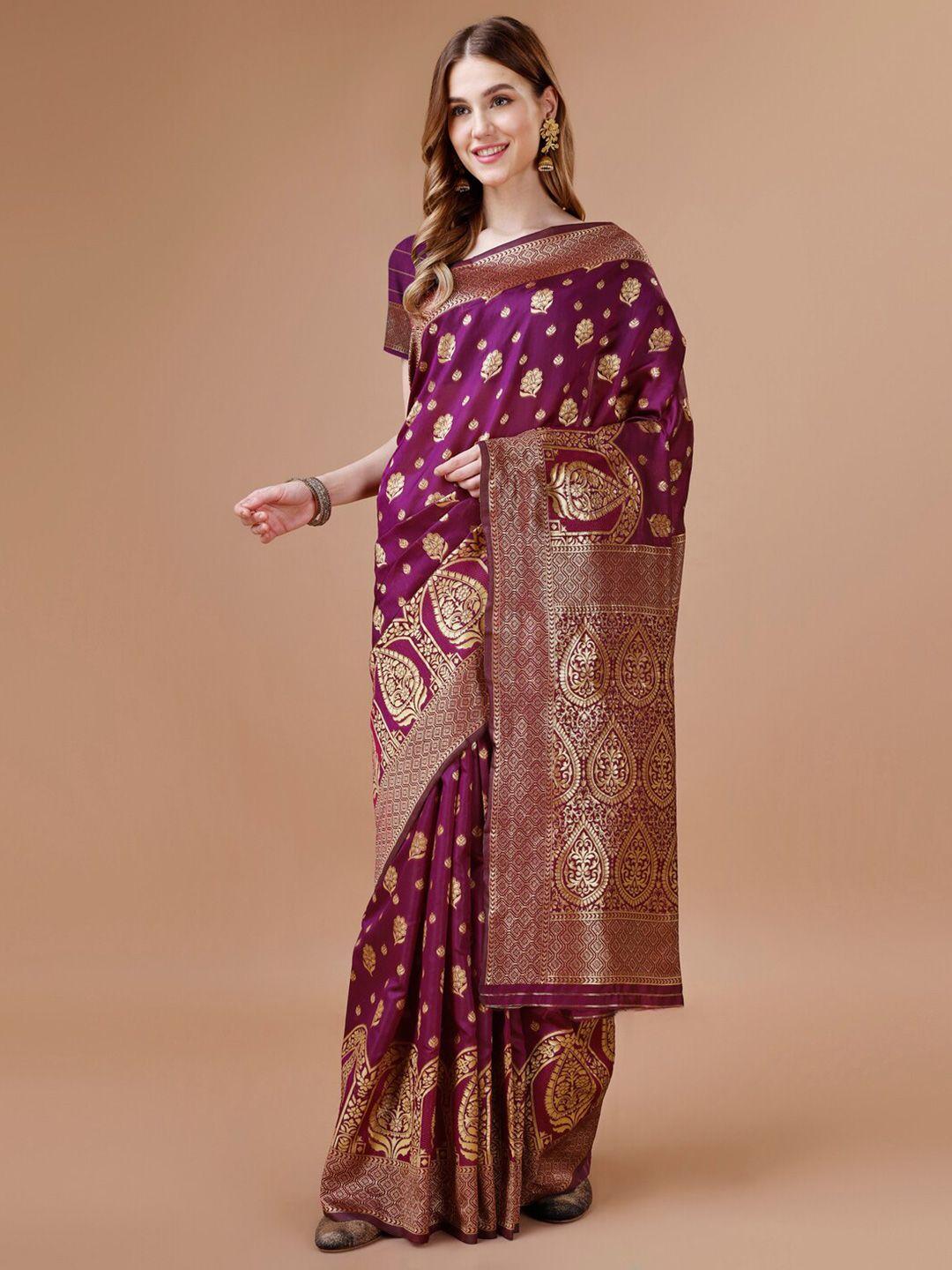 magmina purple & gold-toned woven design zari art silk banarasi saree