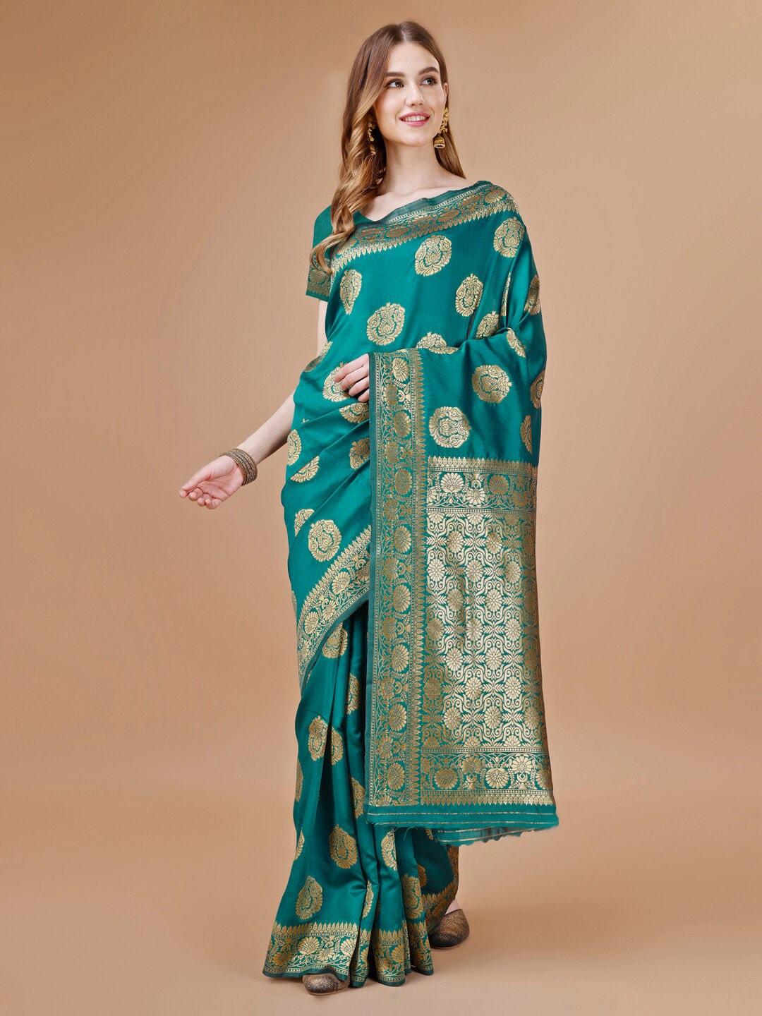 magmina teal & gold-toned woven design zari art silk banarasi saree