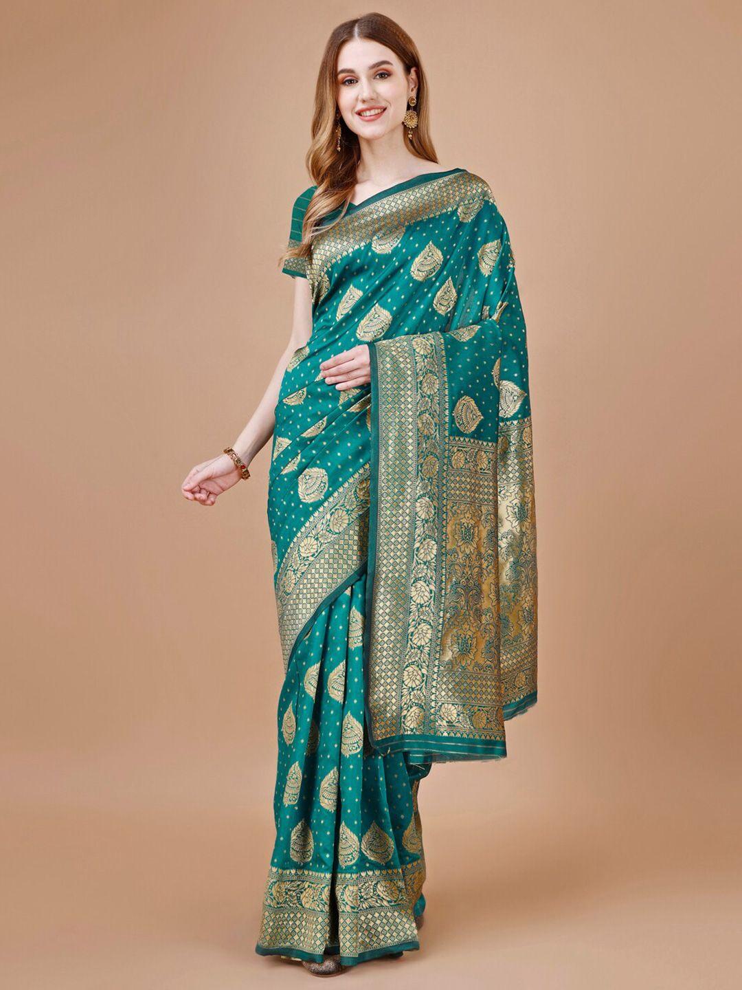 magmina teal & gold-toned woven design zari silk cotton kanjeevaram saree