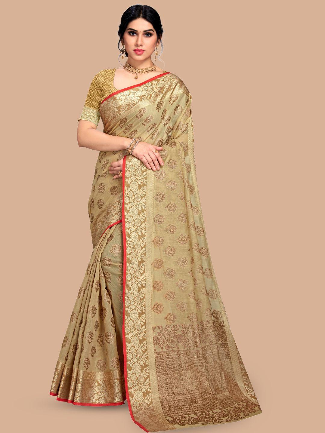 magmina beige & cream-coloured floral handloom banarasi saree