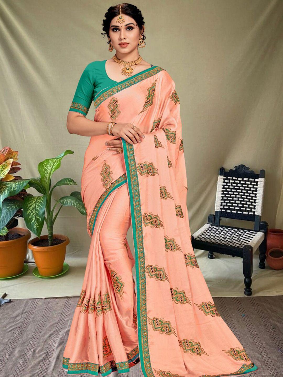 magmina cream-coloured & green paisley embroidered pure chiffon banarasi saree