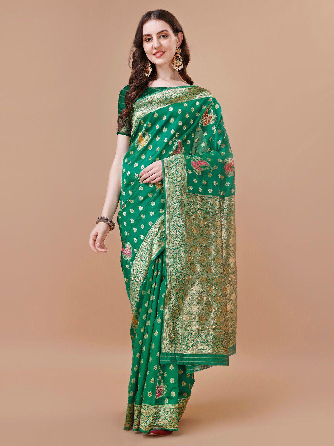 magmina green & gold-toned woven design zari silk blend kanjeevaram saree