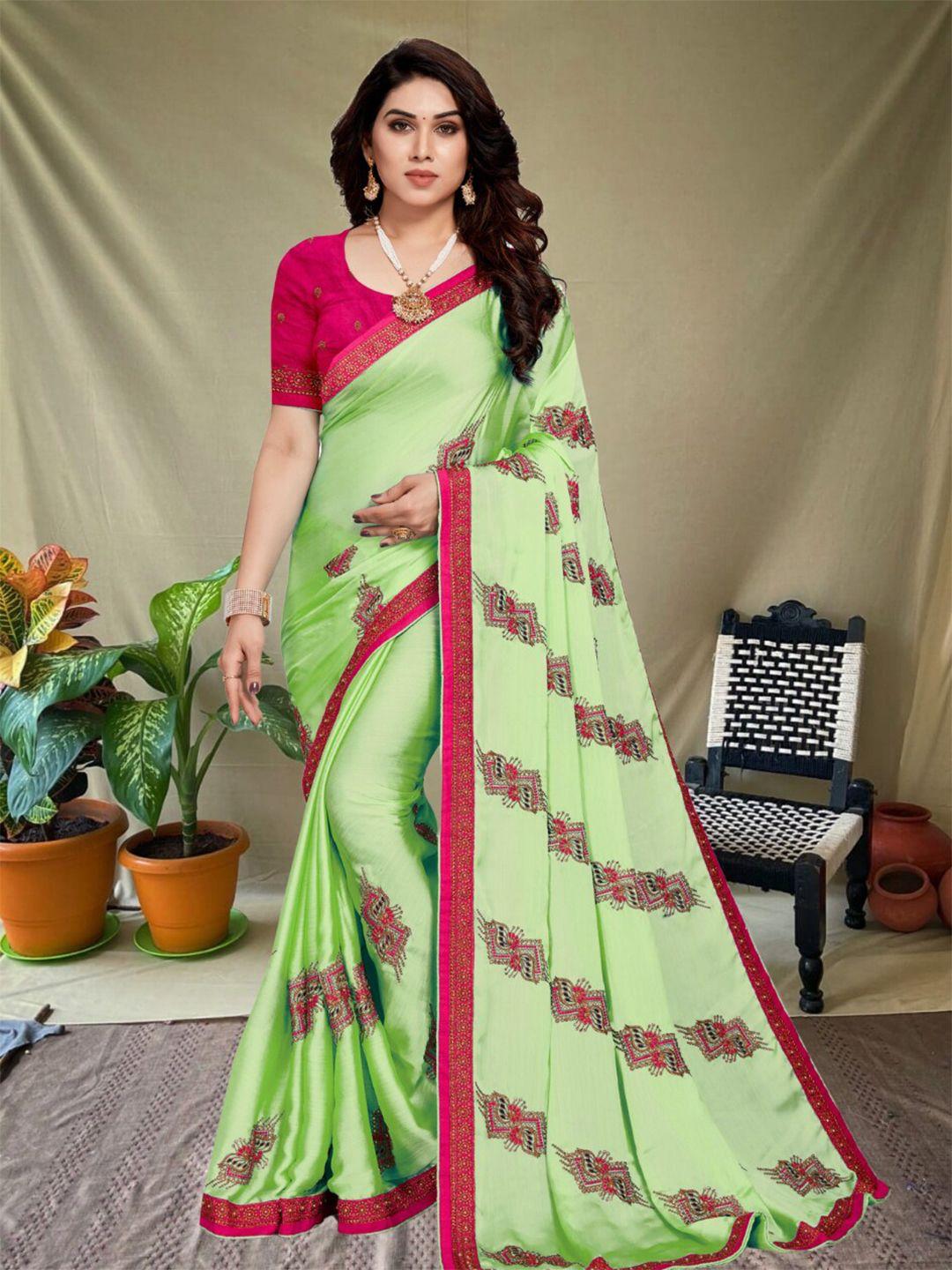 magmina green & green paisley embroidered pure chiffon banarasi saree