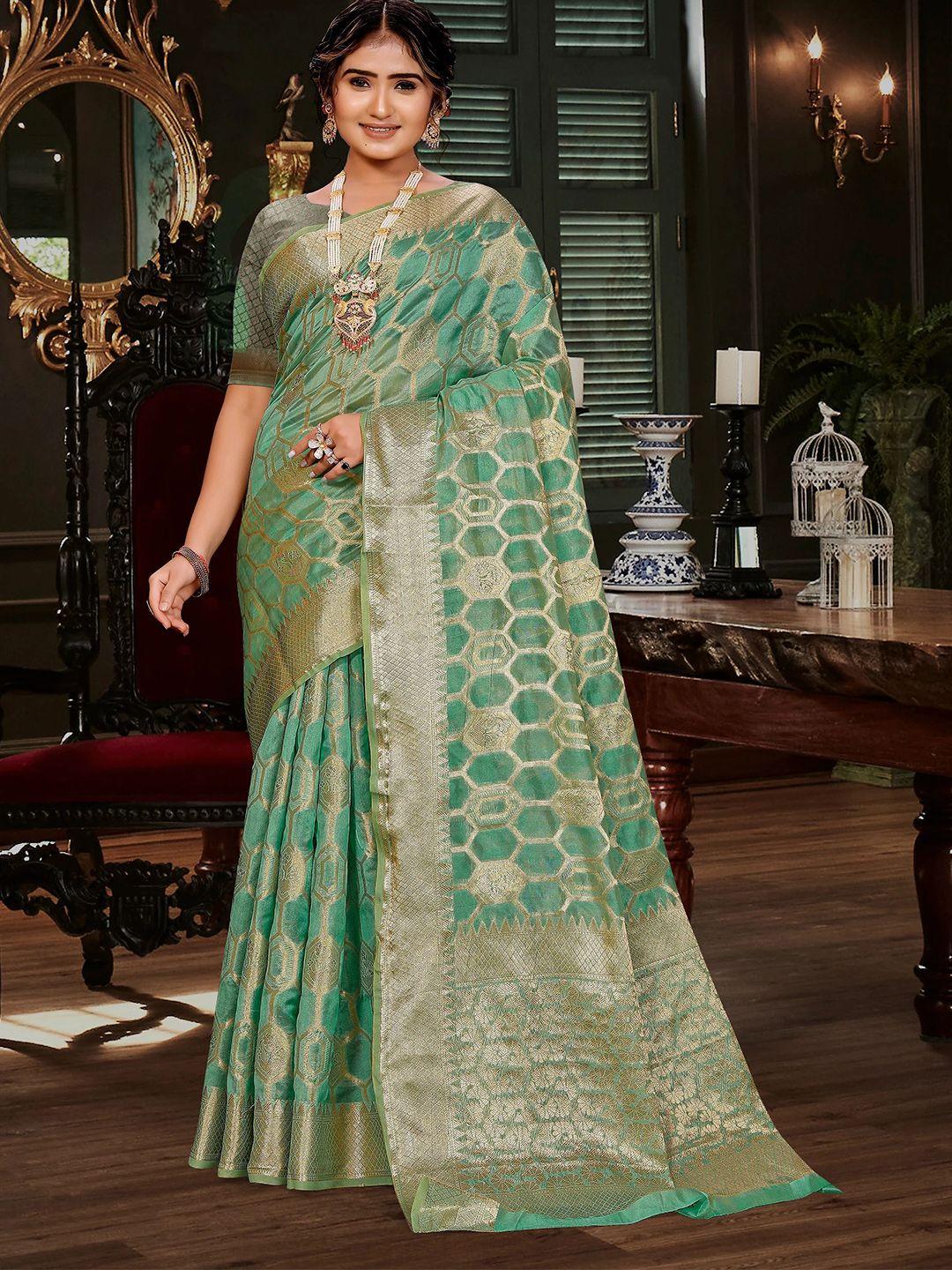 magmina green & turquoise blue bandhani zari organza banarasi saree