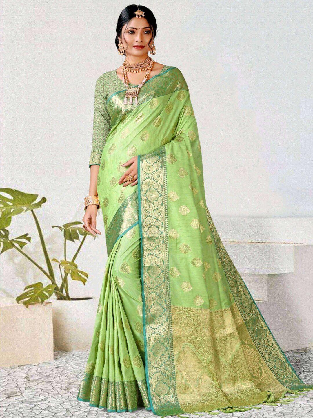 magmina green & turquoise blue embellished zari silk blend banarasi saree