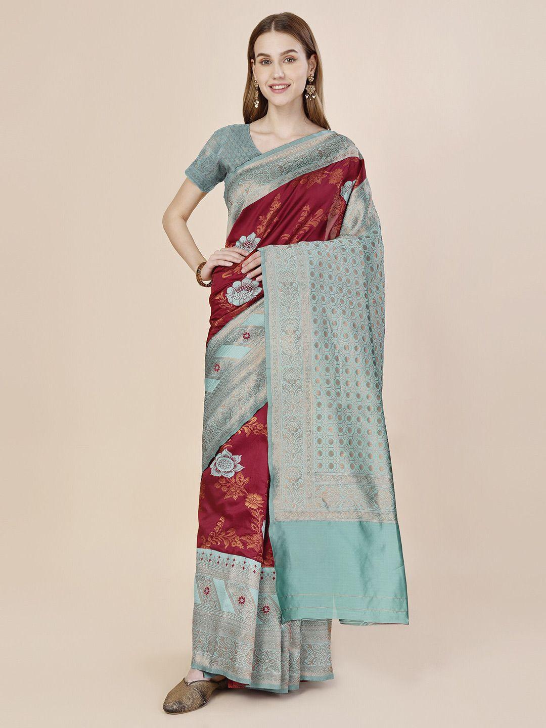 magmina maroon & blue woven design zari art silk banarasi saree