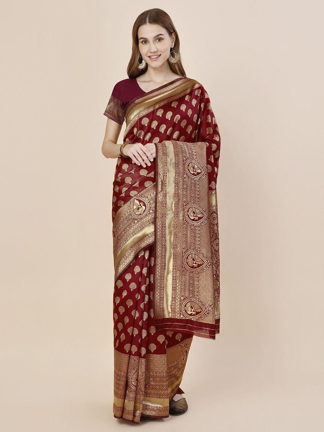 magmina maroon & gold-toned woven design zari art silk kanjeevaram saree