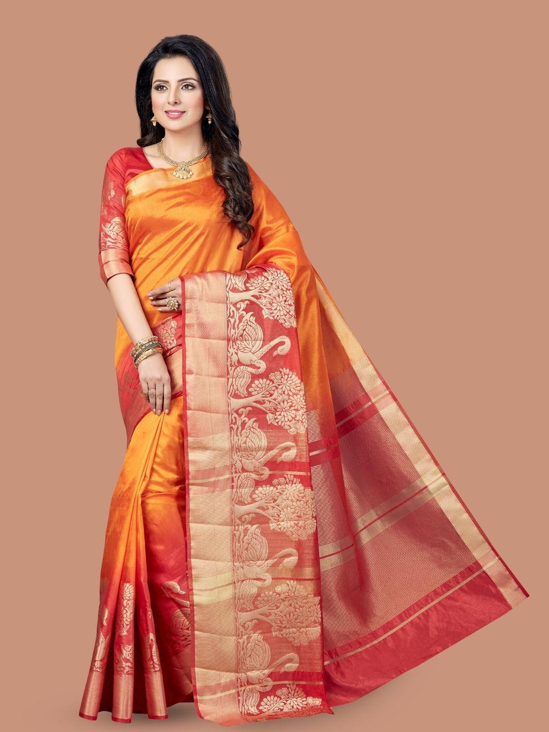 magmina mustard & gold-toned woven design silk blend kanjeevaram saree