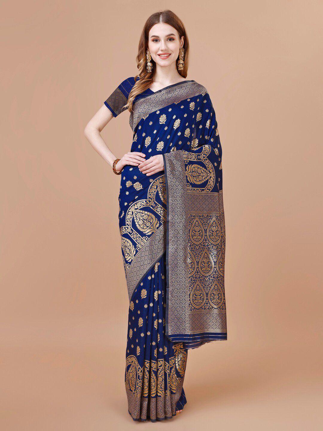 magmina navy blue & gold-toned woven design zari art silk banarasi saree