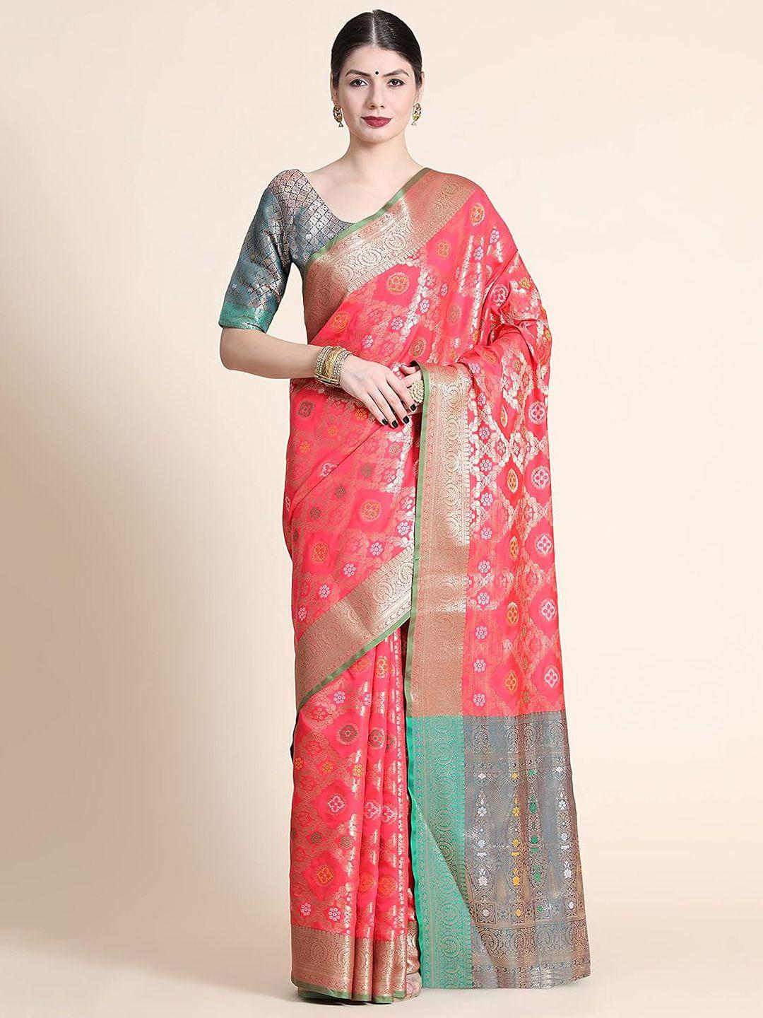 magmina pink & green bandhani zari silk blend kanjeevaram saree