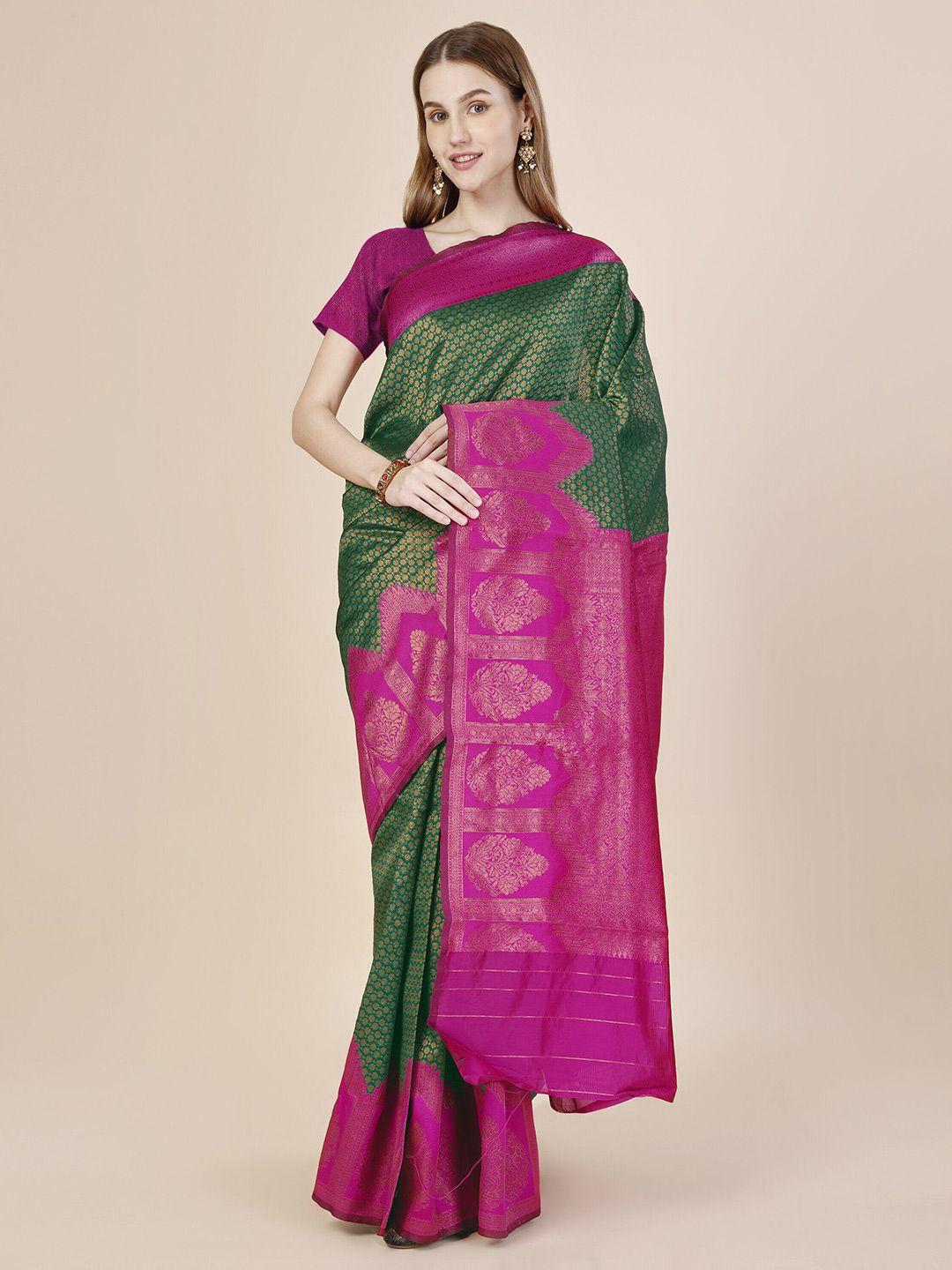 magmina pink & green woven design zari art silk banarasi saree