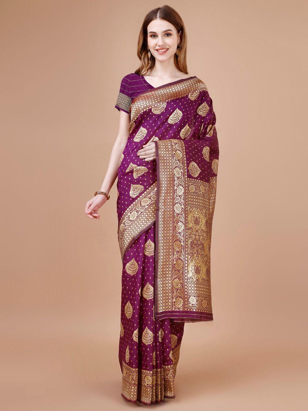 magmina purple & gold-toned woven design zari silk cotton kanjeevaram saree