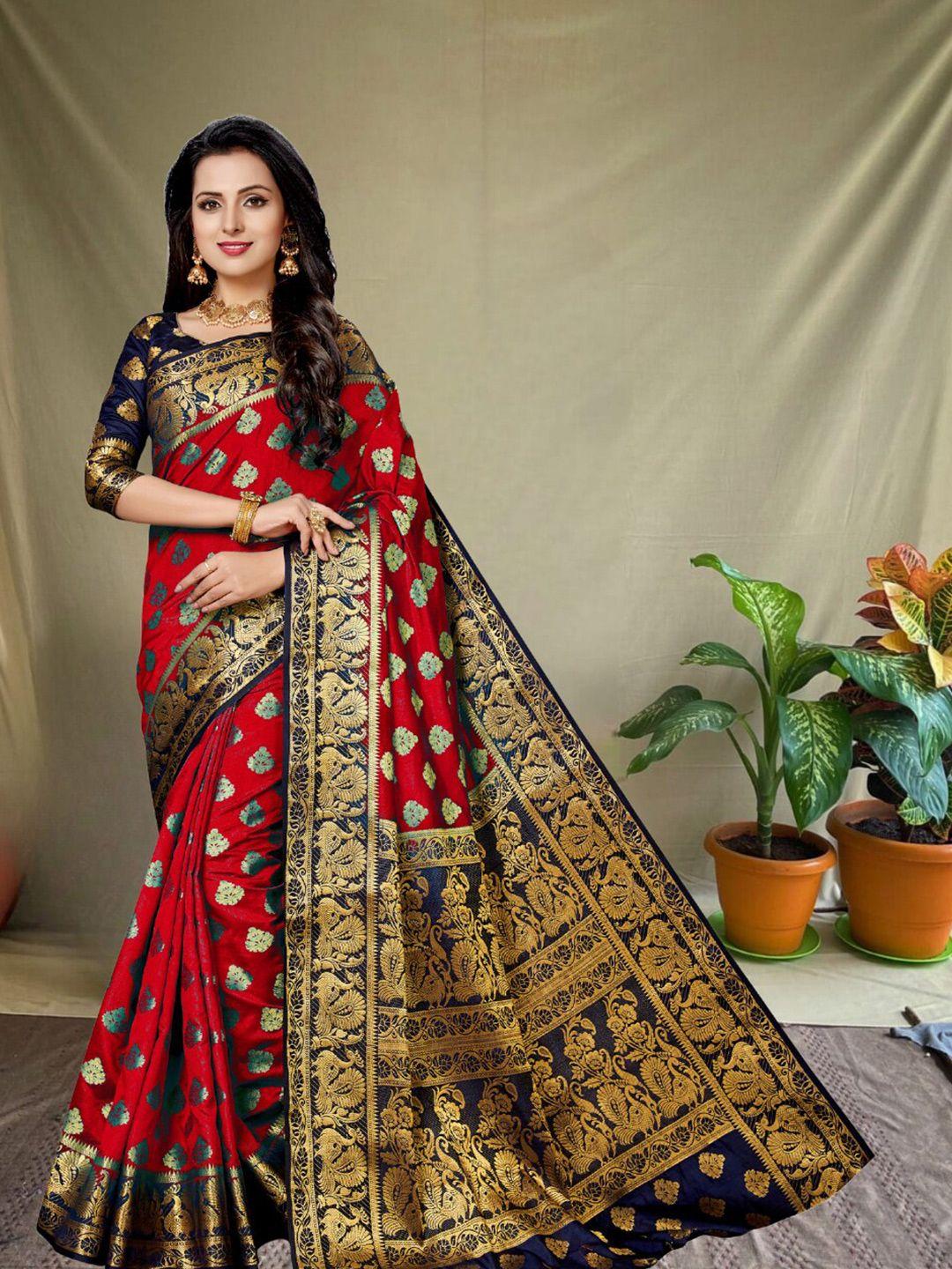 magmina red & blue floral silk blend banarasi saree