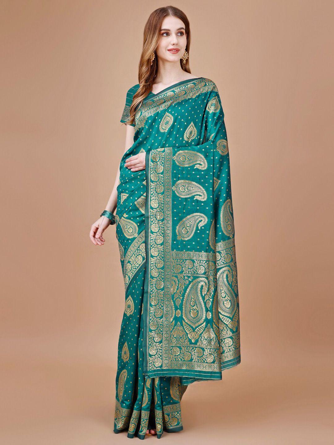 magmina teal & gold-toned woven design zari art silk banarasi saree