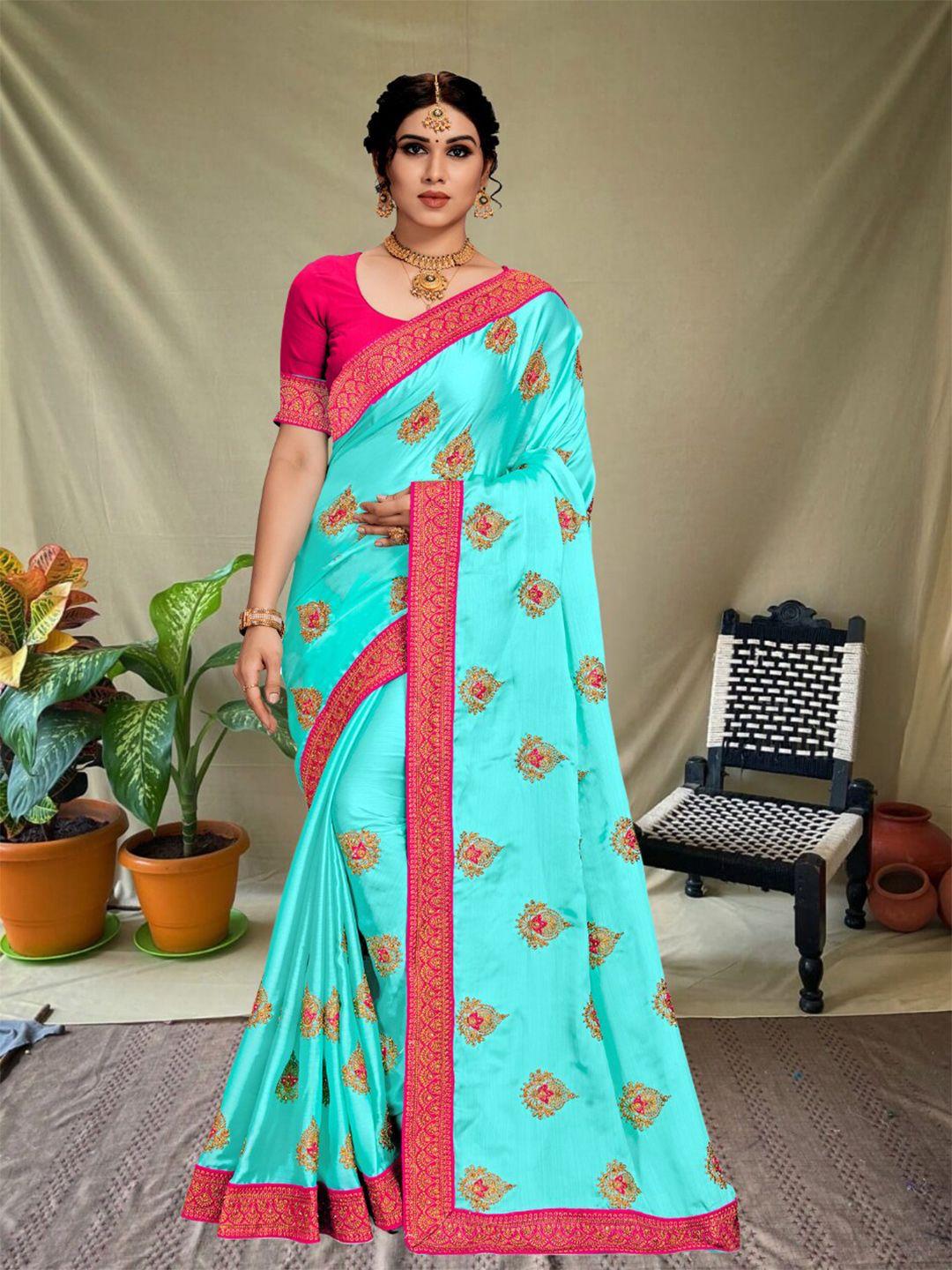 magmina turquoise blue & pink embroidered pure chiffon banarasi saree