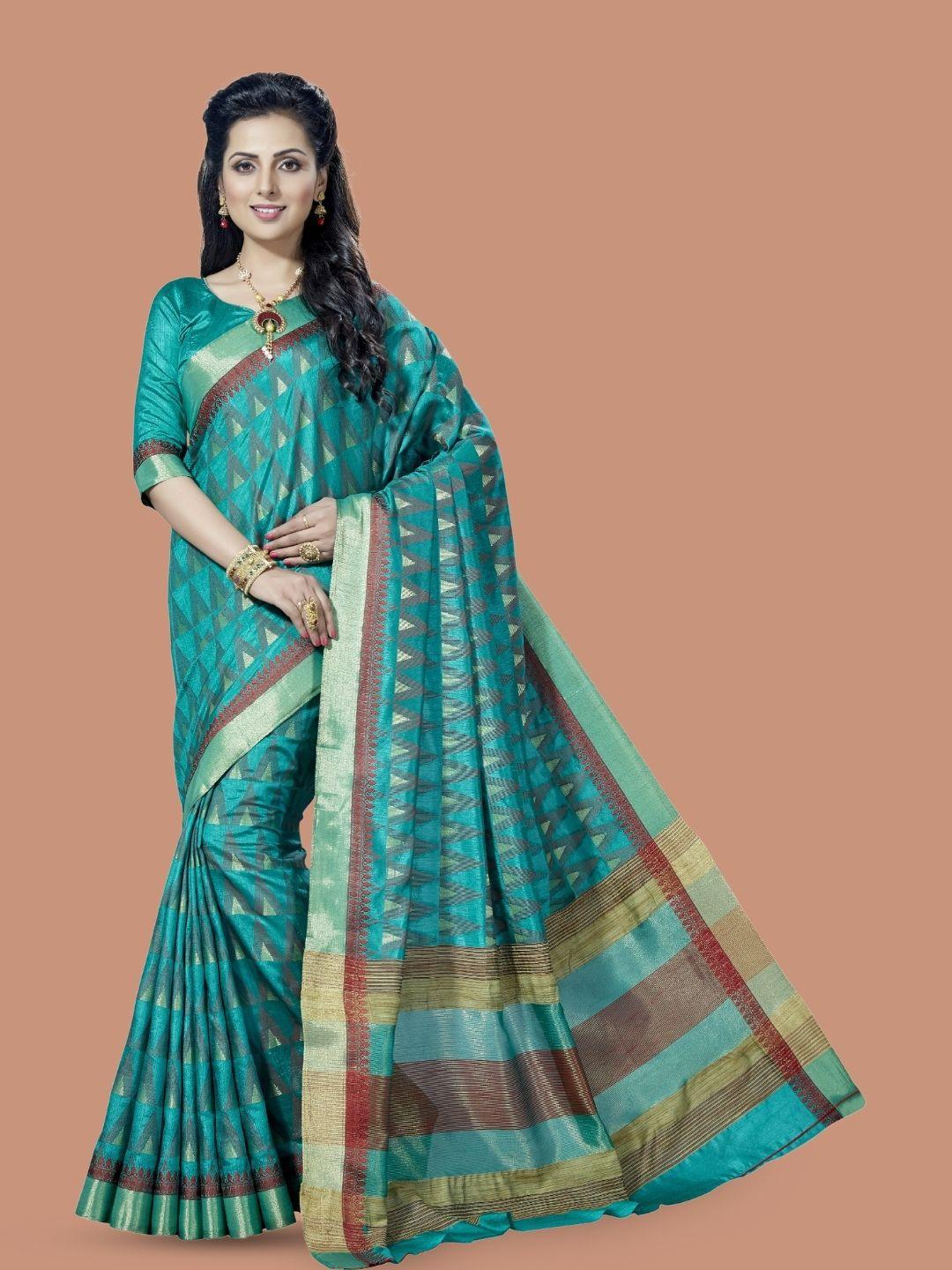 magmina turquoise blue & red silk blend kanjeevaram saree