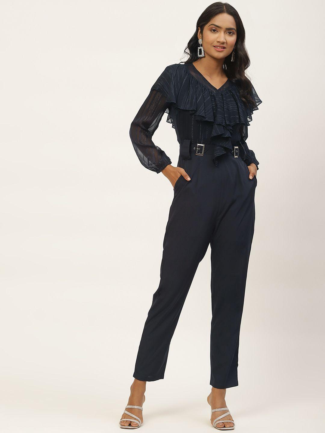 magnetic designs navy blue self strip basic jumpsuit with ruffles detail