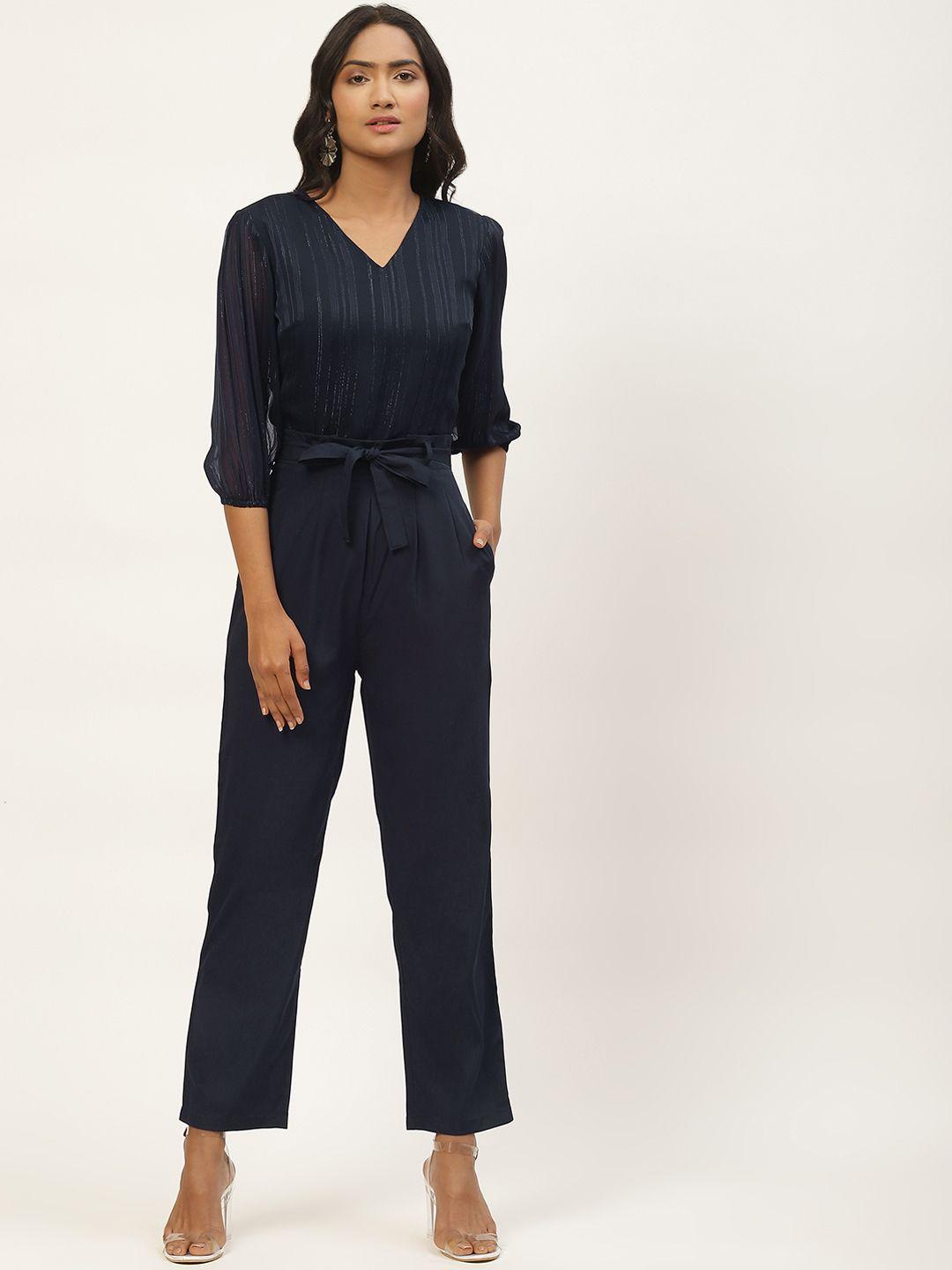 magnetic designs navy blue self stripe basic jumpsuit