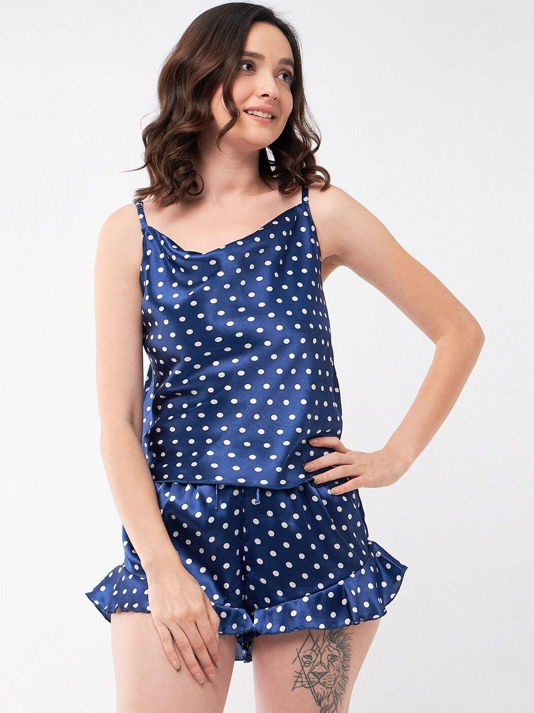 magre  blue & white polka dots printed satin night suit