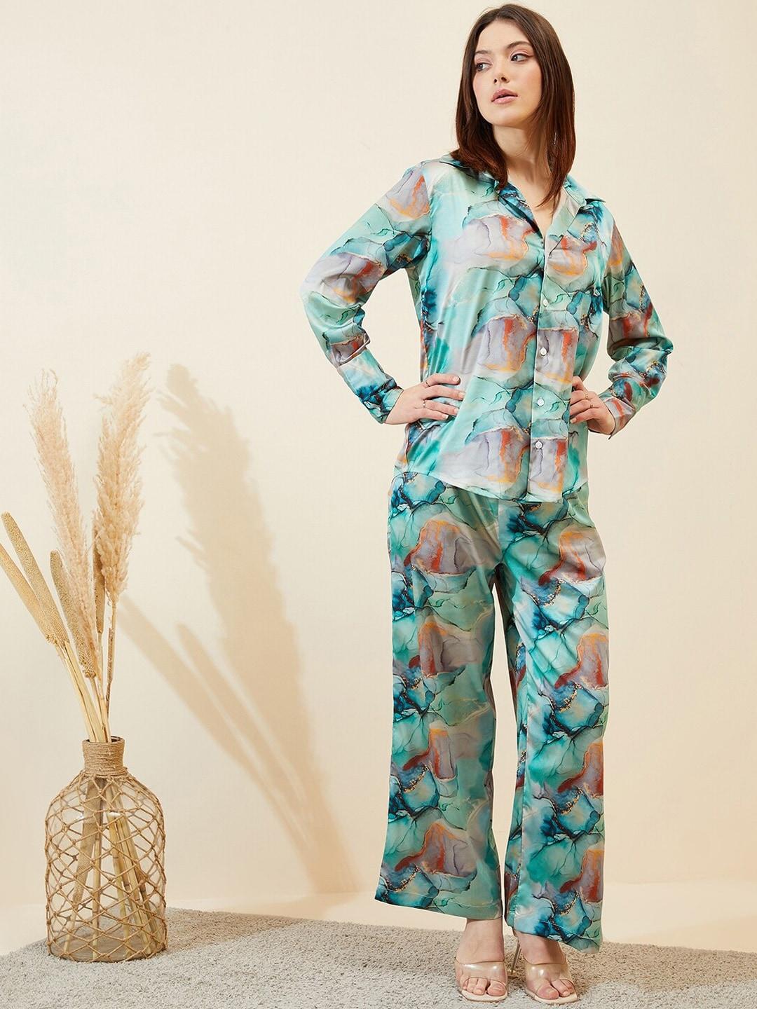 magre green abstract printed shirt with trousers