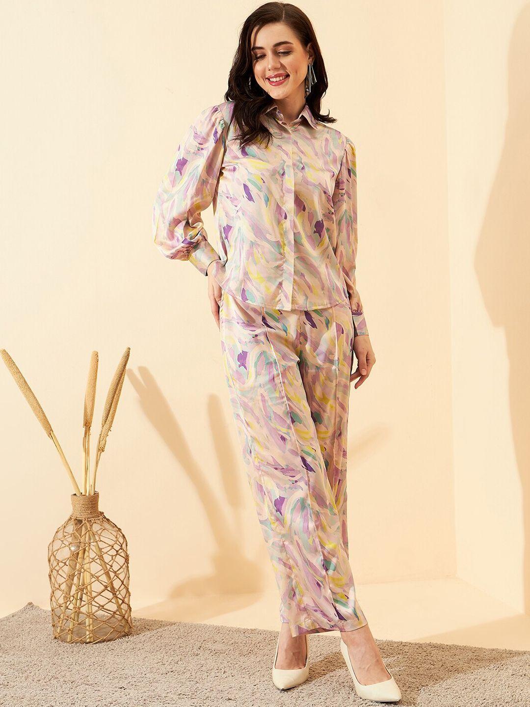 magre lavender printed puffed sleeves shirt with trousers