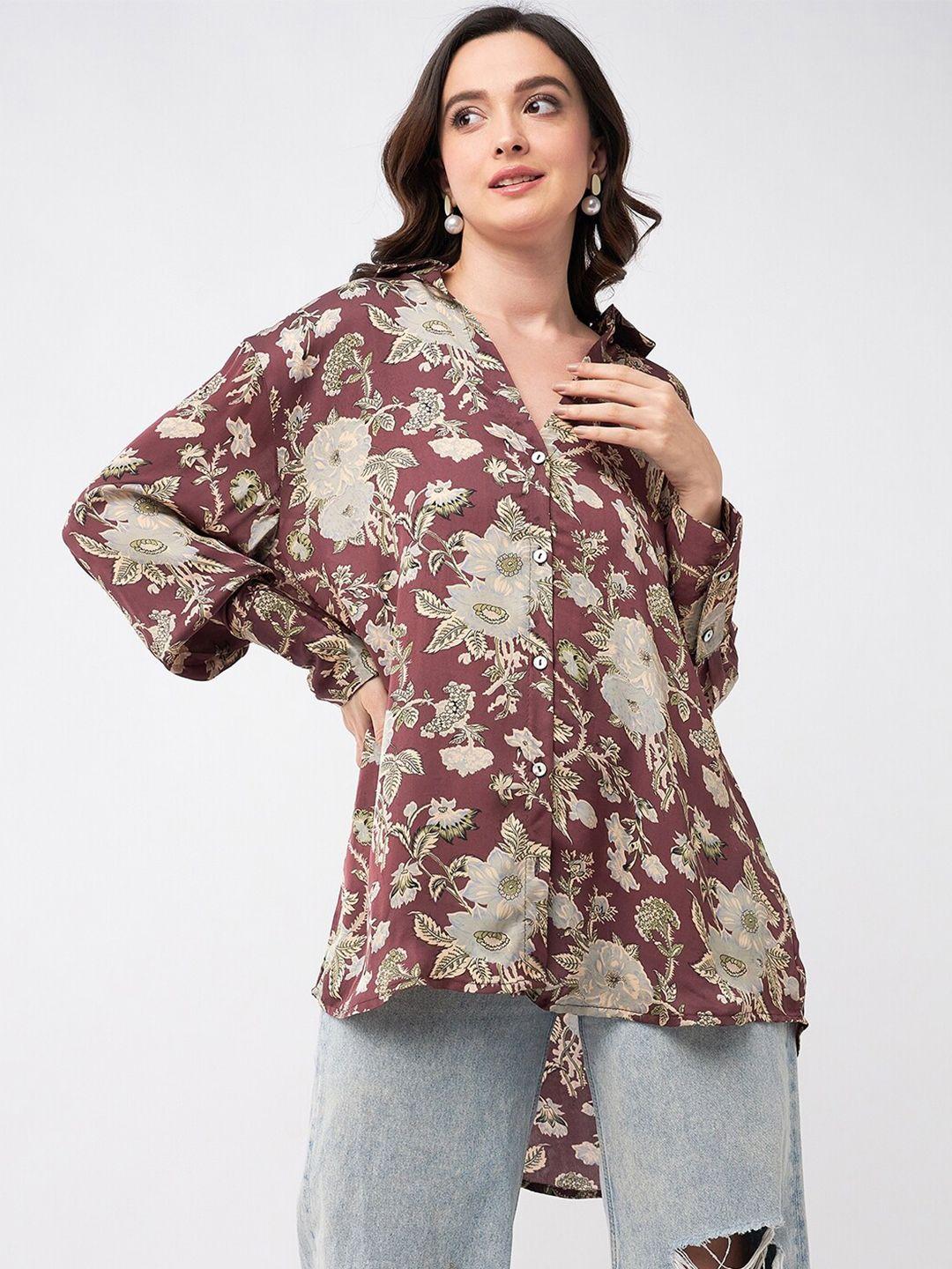 magre relaxed floral printed satin casual shirt