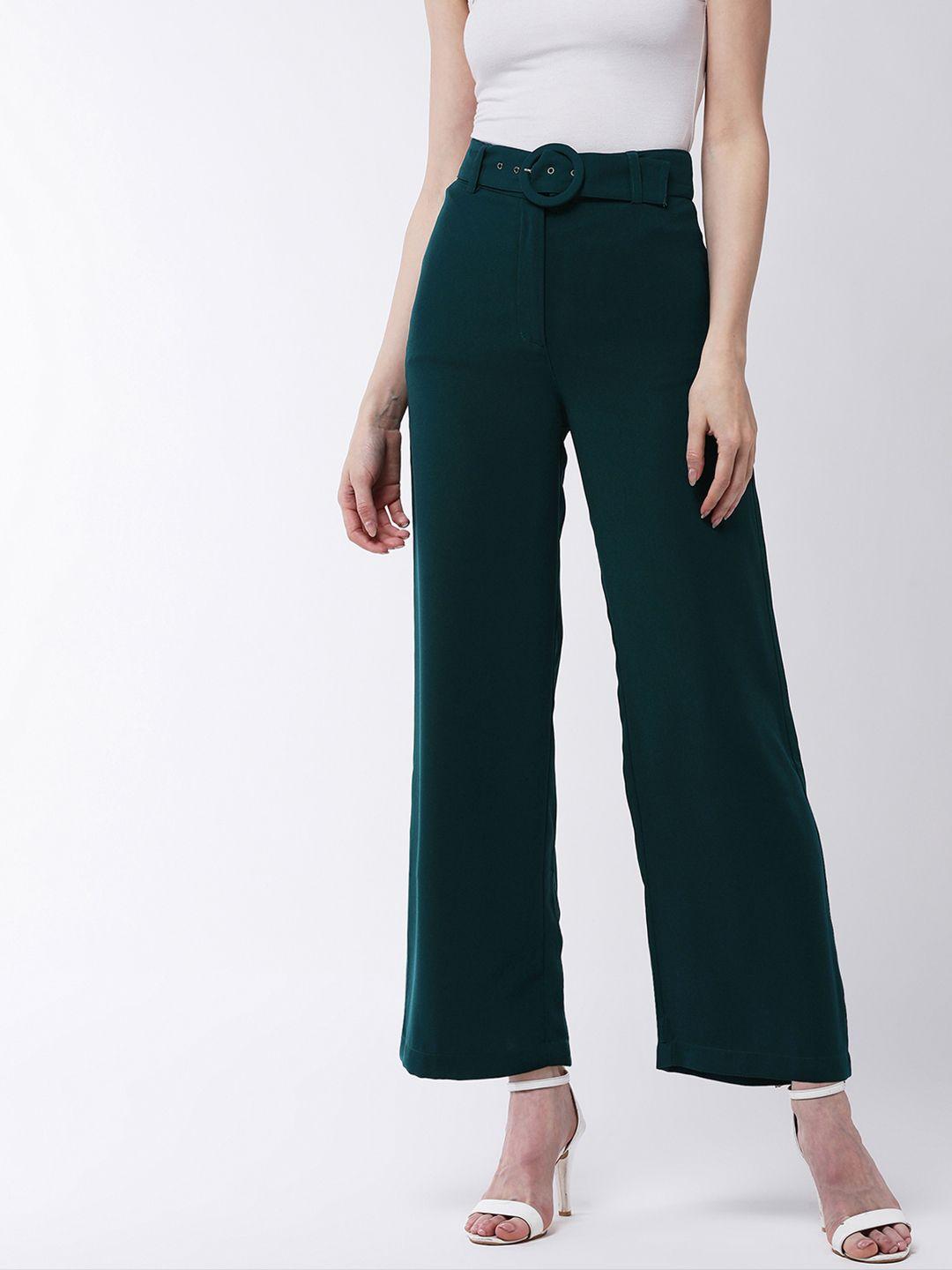 magre women green flared solid parallel trousers