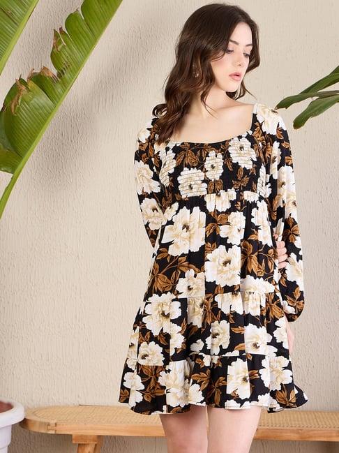 magre black & beige floral print fit & flare dress