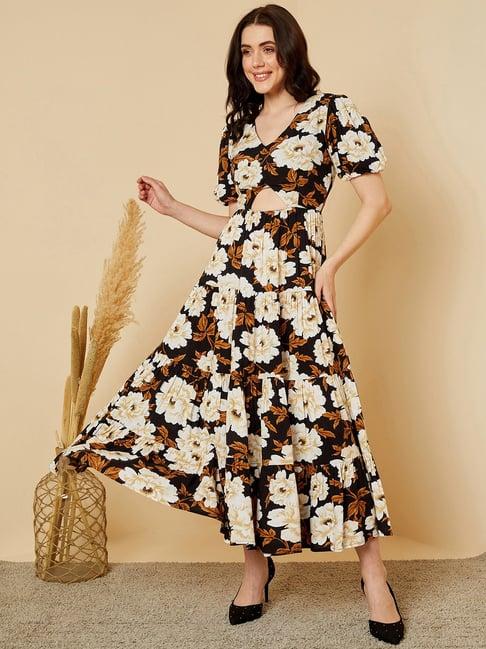 magre black floral print midi dress