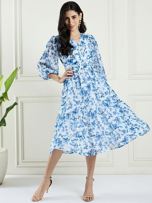 magre blue floral print fit & flare dress