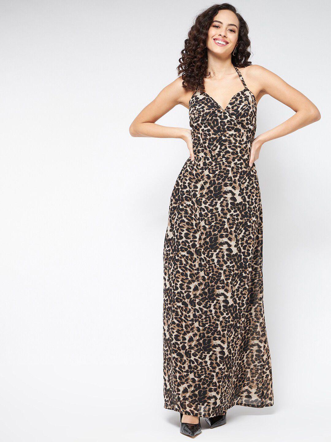 magre brown animal tie-up neck georgette maxi  dress